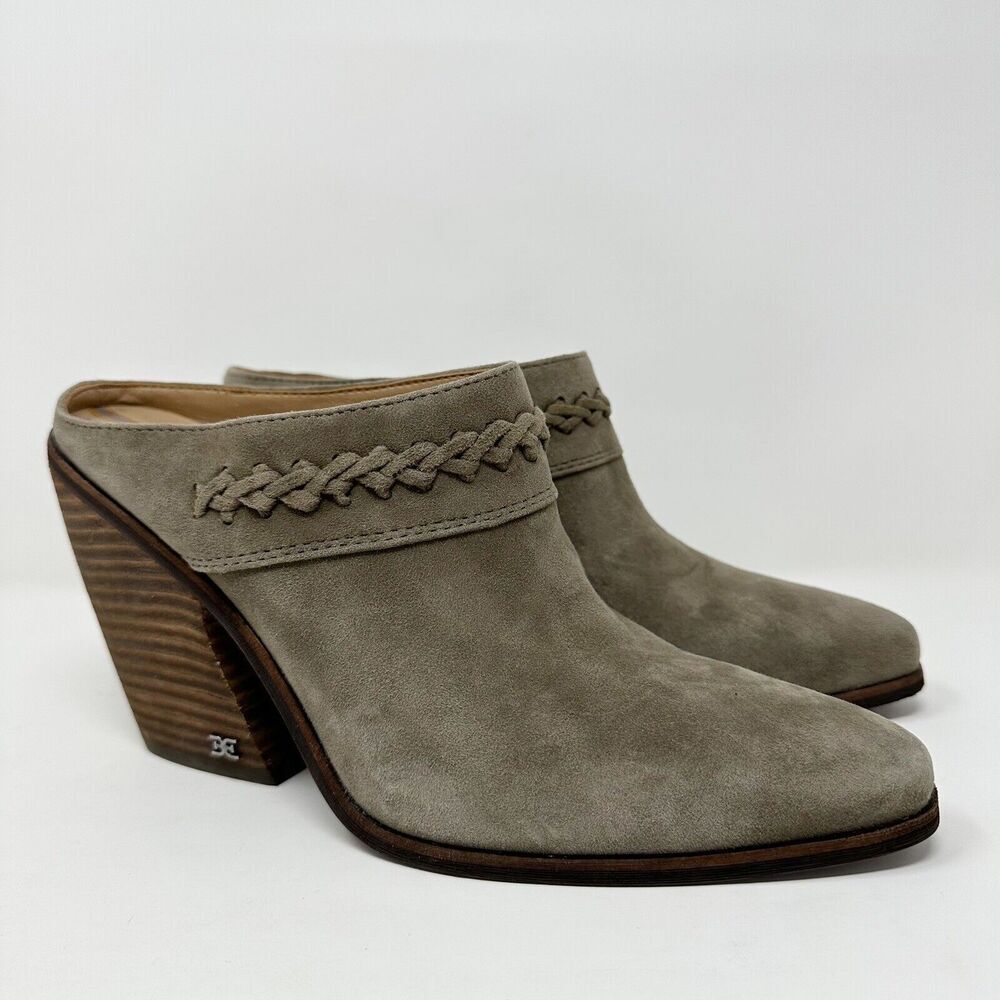 Sam Edelman Alison‎ Suede Mule Booties Braided Trim Taupe Block Heel 9M Cowgirl